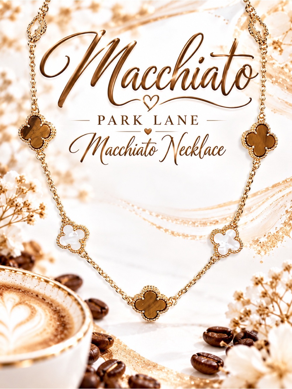 Park Lane Women’s Macchiato Necklace Gold Tiger Eye Mother of Pearl Clover